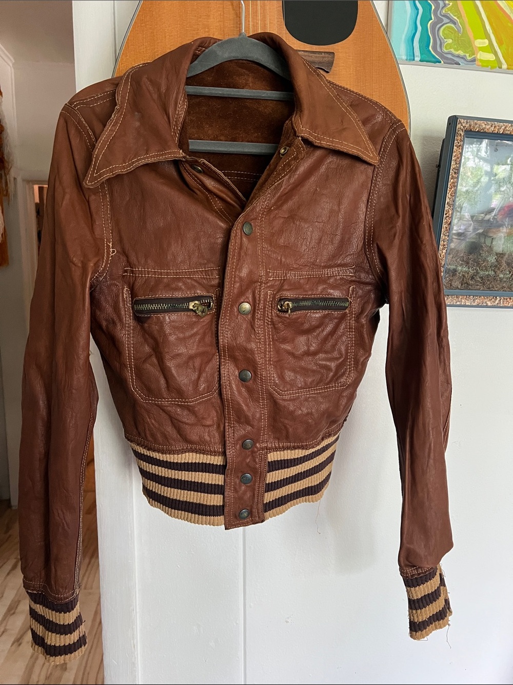 Brown Reversible Leather Suede Bomber Jacket Striped Knit Trim Woman Size Small - Picture 12 of 12